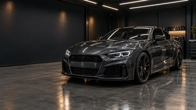 Blank grafitgrå sportcoupé i en mörk rekondstudio
