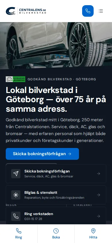 Skärmdump av Centralens Bilverkstads hemsida i mobilen